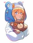  1boy :o blonde_hair blue_eyes blue_hoodie bridget_(guilty_gear) cropped_torso guilty_gear highres hood hoodie male_focus medium_hair otoko_no_ko simple_background solo stuffed_animal stuffed_toy teddy_bear teeth upper_teeth_only white_background white_hoodie yeji36 