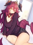  1girl bare_legs black_skirt breasts cleavage closed_mouth commentary commission distr dragalia_lost dragon_girl dragon_horns dragon_tail english_commentary gold_trim hair_between_eyes highres horns indoors jewelry large_breasts long_hair long_sleeves looking_at_viewer miniskirt mym_(dragalia_lost) orange_eyes pink_hair pleated_skirt purple_shirt shirt skirt solo tail thighs window 