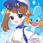  1girl 3656_chan :d alternate_costume blue_background blush_stickers brown_hair buttons commentary_request happy hat highres jacket may_(pokemon) mudkip on_shoulder open_mouth outline pokemon pokemon_(creature) pokemon_on_shoulder pokemon_rse round_eyewear short_sleeves smile sparkle sunglasses upper_body white_headwear white_jacket 