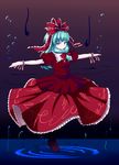  aqua_eyes aqua_hair boots bow dress frills front_ponytail hair_bow hair_ornament hair_ribbon highres kagiyama_hina long_hair looking_at_viewer outstretched_arms red_dress ribbon short_sleeves solo spread_arms touhou tsubasa_(abchipika) wrist_ribbon 