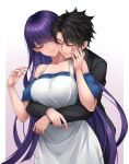  1boy 1girl absurdres apron bare_shoulders black_hair black_shirt blue_dress blush breasts closed_eyes collarbone commission dress fate/grand_order fate_(series) fujimaru_ritsuka_(male) highres hug hug_from_behind ianzky jewelry large_breasts long_hair martha_(fate) off-shoulder_dress off_shoulder purple_hair ring second-party_source shirt smile very_long_hair wedding_ring white_apron 