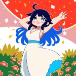  1girl :d absurdres arms_up blue_eyes blue_hair blush_stickers changkiwi dress flower highres petals smile white_dress 