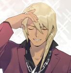  1boy ace_attorney apollo_justice:_ace_attorney black_shirt blonde_hair chain_necklace closed_eyes collared_shirt commentary_request dark-skinned_male dark_skin earrings facing_viewer grin hand_on_own_head highres jacket jewelry klavier_gavin long_hair long_sleeves male_focus necklace parted_lips popped_collar purple_jacket ring seerom77 shirt simple_background smile solo sparkle thumb_ring twisted_hair upper_body white_background 
