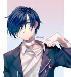  1boy black_jacket blue_eyes blue_hair choker clothes_pull collarbone collared_shirt commentary_request gekkoukan_high_school_uniform gradient_background hand_up heart heart_choker highres jacket long_sleeves looking_at_viewer male_focus one_eye_covered open_clothes open_jacket parted_lips persona persona_3 school_uniform shirt shirt_pull short_hair solo swept_bangs tomato_(otom67) twitter_username upper_body white_choker white_shirt yuuki_makoto_(persona_3) 