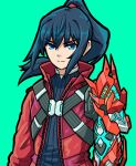 1boy blue_eyes blue_hair blue_shirt closed_mouth commentary floating_hair green_background hair_between_eyes high_ponytail illius4 jacket long_hair looking_at_viewer male_focus noah_(xenoblade) open_clothes open_jacket ponytail red_jacket ribbed_shirt shirt simple_background solo v-shaped_eyebrows xenoblade_chronicles_(series) xenoblade_chronicles_3 