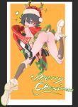  1girl antlers ass black_hair blue_eyes deer_tail fang hair_between_eyes hat highres horns kill_la_kill matoi_ryuuko merry_christmas multicolored_hair panties reindeer_antlers sancy0526 santa_hat short_hair simple_background streaked_hair tail underwear yellow_background 