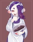  1girl bowl brown_background hachimaki hair_over_one_eye headband highres holding holding_bowl licking_lips long_hair looking_at_viewer nejiri_hachimaki purple_hair red_bean_paste red_eyes shiver_(splatoon) solo splatoon_(series) splatoon_3 standing tentacle_hair thick_eyebrows tongue tongue_out veryfatbigcat 