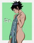  ass black_eyes black_hair blue_nails bow breasts character_name commentary completely_nude english_commentary from_side gorillaz green_bow harrisartz highres holding holding_clothes looking_down medium_breasts noodle_(gorillaz) nude short_hair signature 