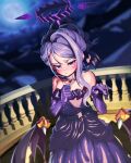  1girl absurdres aghanseonmul black_horns blue_archive demon_horns demon_wings dress elbow_gloves gloves grey_hair halo highres hina_(blue_archive) hina_(dress)_(blue_archive) horns long_hair multiple_horns official_alternate_costume official_alternate_hairstyle purple_dress purple_eyes purple_gloves purple_wings solo strapless strapless_dress wings 