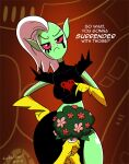 2016 alien alien_humanoid ambiguous_gender ambiguous_pov bouquet breasts clothed clothing cobatsart dialogue disney english_text eyebrows female first_person_view flower freckles frown gloves green_body green_skin hair half-closed_eyes handwear humanoid humanoid_pointy_ears long_hair lord_dominator midriff mostly_offscreen_character narrowed_eyes noseless not_furry pink_sclera plant signature solo standing text wander_over_yonder white_hair wide_hips