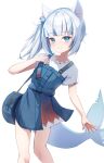  1girl alphaart animal_ears blue_eyes blue_hair blue_overalls blue_skirt blunt_bangs blush cat_ears cube_hair_ornament fins fish_tail gawr_gura gawr_gura_(casual) grey_hair hair_ornament hololive hololive_english kemonomimi_mode long_hair looking_at_viewer medium_hair multicolored_hair one_side_up overalls shark_girl shark_tail shirt sidelocks skirt skirt_set smile solo streaked_hair tail very_long_hair white_background white_shirt 