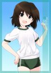  1girl artist_name blue_background blush breasts brown_eyes brown_hair buruma character_name cowboy_shot gradient_background green_buruma gym_shirt gym_uniform highres inaba_shiki kantai_collection looking_at_viewer miyuki_(kancolle) monochrome open_mouth shirt short_hair short_sleeves small_breasts smile solo 