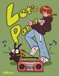  1girl bandana black_hoodie braid braided_ponytail dancing denim green_background hood hoodie jeans music norixio p-chan pants pig ranma-chan ranma_1/2 red_hair simple_background twitter_username white_sneakers yellow_bandana 