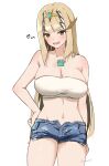  1girl :d absurdres armpit_crease bandeau blonde_hair breasts cleavage closed_mouth collarbone commentary_request core_crystal_(xenoblade) cowboy_shot crop_top denim denim_shorts hand_on_own_hip highres kanuici336 large_breasts long_hair looking_at_viewer midriff mythra_(xenoblade) navel short_shorts shorts simple_background smile solo standing strapless tiara tube_top very_long_hair white_background xenoblade_chronicles_(series) xenoblade_chronicles_2 yellow_eyes 