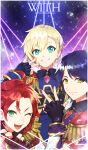  3boys black_gloves blonde_hair blue_eyes blue_hair blue_jacket border closed_mouth copyright_name epaulettes fingerless_gloves gloves green_eyes grin group_name hand_up highres hitoto idol_clothes idol_time_pripara jacket long_sleeves looking_at_viewer male_focus mitaka_asahi multiple_boys one_eye_closed open_mouth pretty_series pripara purple_jacket red_hair short_hair smile stage_lights takase_koyoi upper_body w white_border yellow_eyes yumekawa_shogo 