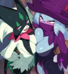  2girls absurdres animal_ears blue_fur breast_press breasts drunkoak furry furry_female green_fur hand_on_own_hip hat highres katress_(palworld) korean_commentary large_breasts looking_at_another looking_at_viewer meowscarada mixed-language_commentary multiple_girls open_mouth palworld pokemon purple_headwear red_eyes smile standing sweatdrop symmetrical_docking 