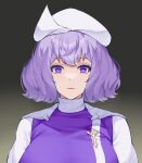  1girl aroevela black_background closed_mouth commentary gradient_background highres lapel_pin letty_whiterock looking_at_viewer purple_eyes purple_hair short_hair solo touhou upper_body white_headwear 