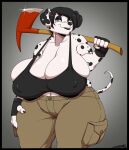 anthro big_breasts black_border black_hair black_makeup border bottomwear breasts canid canine canis cargo_pants clothing dalmatian deonwolf domestic_dog female fire_axe front_view grey_eyes hair hi_res looking_at_viewer mammal mature_female natural_breasts nipple_outline pants portrait sagging_breasts solo tan_bottomwear tan_clothing tan_pants three-quarter_portrait