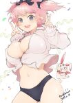  +_+ black_buruma blue_eyes bow breasts buruma cleavage confetti double_v flower-shaped_pupils hair_bow hibari_(senran_kagura) jacket kagan kinako_(mzknk0) large_breasts light_blush navel ninto_(senran_kagura) open_mouth partially_unzipped party_popper pink_hair pink_pupils rabbit ribbon scarf senran_kagura short_hair short_twintails simple_background smile symbol-shaped_pupils teeth track_jacket twintails upper_teeth_only v 