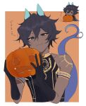  1boy arjuna_(fate) arjuna_alter_(fate) armlet black_gloves black_hair black_shirt blue_horns blue_tail border chibi chibi_inset closed_mouth dark-skinned_male dark_skin fate/grand_order fate_(series) food gloves grey_eyes hair_between_eyes highres holding holding_food holding_pumpkin holding_vegetable horns kaigan0211 looking_at_viewer male_focus orange_background pumpkin shirt short_hair shoulder_tattoo simple_background sleeveless sleeveless_shirt smile solo tattoo upper_body vegetable white_border 