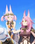  2girls allen.n animal_ear_fluff animal_ears bandeau breasts cat_ears cat_tail duel_monster ferret_ears ferret_girl ferret_tail fingerless_gloves gloves goggles goggles_around_neck goggles_on_head grey_jumpsuit highres jumpsuit kitt_(yu-gi-oh!) large_breasts long_hair medium_breasts midriff multiple_girls navel orange_bandeau orange_gloves pink_hair pink_tail siblings sisters springans_rockey tail tri-brigade_ferrijit_the_barren_blossom tri-brigade_kitt twintails yellow_eyes yu-gi-oh! 