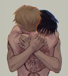  1boy 1girl back_tattoo black_hair blonde_hair burnt closed_eyes commentary completely_nude couple covered_mouth crossed_wrists english_commentary facing_away facing_viewer fullmetal_alchemist grey_background hands_up hetero highres hug light_brown_hair nude raicchi_(raicchi96) riza_hawkeye roy_mustang scar scar_on_arm scar_on_back scar_on_hand scar_on_neck scar_on_shoulder short_hair simple_background tattoo toned upper_body 