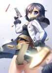  1girl absurdres asagiri_asagi back_peek belt black_camisole black_hair black_shorts blurry blurry_foreground breasts bullet camisole commentary covered_nipples cowboy_shot disgaea dual_wielding finger_on_trigger fingerless_gloves from_behind fur-trimmed_hood fur-trimmed_jacket fur_trim gloves gradient_background grey_background gun hair_between_eyes hair_ornament hairclip handgun highres holding holster hood hood_down jacket light_blush long_sleeves makai_wars midriff multiple_belts open_clothes open_jacket parted_lips purple_eyes ribbed_camisole short_hair short_shorts shorts small_breasts solo standing toxonium v-shaped_eyebrows weapon white_background white_gloves x_hair_ornament 