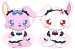 &lt;3 2023 absurd_res accessory anthro azuo blush clothed clothing clothing_lift dress dress_lift duo female flower flower_in_hair fur hair hair_accessory hi_res jewelpet luna_(jewelpet) maid_headdress maid_uniform panchira pink_body pink_fur plant presenting red_eyes ruby_(jewelpet) sanrio semi-anthro simple_background solo uniform white_background white_body white_fur