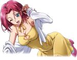  1girl arm_up artist_request bare_shoulders bent_over blue_eyes blush breasts cleavage cleavage_cutout clothing_cutout code_geass code_geass:_lost_stories dress forehead game_cg hair_intakes kallen_stadtfeld large_breasts leaning_forward leg_up long_sleeves looking_down neck_ribbon non-web_source off_shoulder official_art one_eye_closed open_clothes open_shirt orange_ribbon pink_footwear playing_with_own_hair red_hair ribbon shirt short_hair sidelocks simple_background sleeveless sleeveless_dress solo spaghetti_strap standing standing_on_one_leg sweat thighhighs transparent_background white_shirt white_thighhighs yellow_dress 