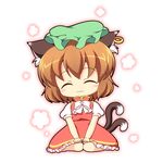  :3 ^_^ animal_ears bare_legs blush bow brown_hair cat_ears cat_tail chen chibi closed_eyes hat jewelry multiple_tails nekomata pila-pela puffy_sleeves shirt short_hair short_sleeves single_earring sitting skirt skirt_set solo tail touhou v_arms vest wariza 