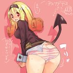  ass blonde_hair butt_crack character_request chibi chibi_inset copyright_request demon_tail gradient_hair hairband long_hair multicolored_hair orange_hair panties pink_background red_eyes striped striped_panties sweat sweatdrop tail teriyaki translation_request underwear wrist_cuffs 