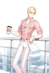  1boy 2022 against_railing alternate_hair_color belt blonde_hair building business_suit closers coffee_cup collared_shirt cup disposable_cup dress_shirt feet_out_of_frame highres holding holding_cup holding_paper id_card lanyard looking_to_the_side male_focus official_art pant_suit pants paper paperclip pink_belt pink_shirt railing red_eyes salaryman shirt short_hair sleeves_pushed_up smile solo standing suit suspenders turning_head watch white_background white_pants wolfgang_schneider wristwatch 