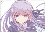  1girl black_ribbon braid brown_necktie closed_mouth collared_shirt danganronpa:_trigger_happy_havoc danganronpa_(series) expressionless grey_hair hair_ribbon highres kari_(nanasidane) kirigiri_kyoko long_hair necktie portrait ribbon shirt side_braid simple_background solo white_shirt 