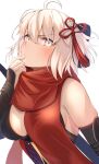  1girl ahoge bow breasts fate/grand_order fate_(series) hair_bow highres medium_breasts okita_souji_(fate) okita_souji_alter_(fate) okita_souji_alter_(first_ascension)_(fate) red_scarf scarf umi_endu white_background white_eyes white_hair 