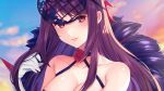  1girl bare_shoulders breasts cleavage cloud commentary_request edamameoka fire_emblem fire_emblem_engage gloves highres ivy_(fire_emblem) large_breasts long_hair looking_at_viewer mole mole_under_mouth outdoors portrait purple_eyes purple_hair smile solo very_long_hair white_gloves 