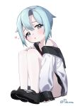  1797928123 1girl ash_arms blue_eyes blue_hair blush collarbone commentary_request full_body hair_between_eyes heart highres looking_at_viewer open_mouth pantyhose school_uniform shoes short_hair sitting solo white_background 