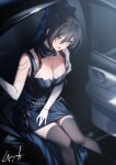  1girl bare_shoulders black_hair black_thighhighs blue_dress blush bracelet breasts car cleavage dress elbow_gloves genyaky gloves hair_ornament highres jewelry large_breasts long_hair looking_at_viewer motor_vehicle original parted_lips ponytail signature sitting smile solo thighhighs thighs white_gloves yellow_eyes 