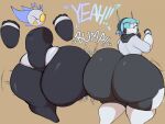 big_butt butt butt_bump dialogue duo english_text female hi_res huge_butt humanoid hyper hyper_butt juno_(ns22_highwater) machine px-e_(ns22_highwater) robot robot_humanoid simple_background text thick_thighs xytora