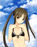  absurdres bangs bare_shoulders black_bra blue_sky bra brown_eyes brown_hair cloud day fault!! flat_chest front-tie_top frown hands_on_own_chest head_tilt highres lingerie long_hair petite scan sky solo sugiyama_mio tanaka_takayuki twintails underwear upper_body 