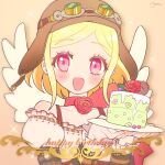  1girl :d aviator_cap bare_shoulders blonde_hair cake choker commentary_request flower food gift_art goggles goggles_on_headwear hands_up happy_birthday highres holding holding_plate long_sleeves looking_at_viewer midorikaze_fuwari momokan_(mmkn100) open_mouth plate pretty_series pripara puffy_sleeves red_choker red_eyes red_flower red_rose rose short_hair smile solo upper_body white_wings wings 