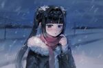  1girl black_hair black_jacket blue_eyes blunt_bangs blush fur-trimmed_jacket fur_trim hair_intakes hand_up highres index_finger_raised inu_dakisime jacket long_hair looking_at_viewer night nose_blush open_clothes open_jacket open_mouth original outdoors power_lines red_scarf road scarf sidelocks snow snowing solo twintails upper_body utility_pole very_long_hair 