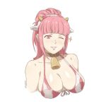  1girl animal_ear_hairband animal_ears bare_shoulders bell bikini breasts choker cleavage commentary_request fake_animal_ears fire_emblem fire_emblem:_three_houses fire_emblem_warriors:_three_hopes grin hairband highres hilda_valentine_goneril large_breasts long_hair looking_at_viewer neck_bell official_alternate_hairstyle one_eye_closed pink_eyes pink_hair pink_lips simple_background smile solo sparkle swimsuit tak0baka upper_body white_background 