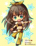  :d belt beyond_the_vibes black_hair blue_eyes bracelet chibi earrings fang ganaha_hibiki hair_ribbon hiyopuko hoop_earrings idolmaster idolmaster_(classic) jewelry long_hair midriff navel necklace open_mouth ponytail ribbon smile solo star starry_background wide_ponytail 