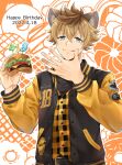  1boy :3 :p black_shirt blonde_hair blue_eyes brown_hair burger buttons closed_mouth commentary_request dated doughnut food happy_birthday holding holding_food hyena_boy hyena_ears jacket letterman_jacket long_sleeves looking_at_viewer male_focus official_alternate_costume orange_background plaid plaid_shirt ruggie_bucchi shirt short_hair simple_background smile solo tongue tongue_out twisted_wonderland upper_body white_background yellow_shirt yupopo_(hidame) 