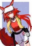  1girl animal_ears arknights black_choker blush choker commentary_request crop_top dutch_angle flametail_(arknights) grey_background grin hair_between_eyes highres long_hair looking_at_viewer midriff navel nikaidou_tetsuo red_eyes red_hair red_shirt shirt shorts smile solo tail towel towel_around_neck two-tone_background very_long_hair white_background white_shorts 