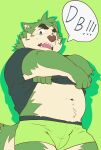 absurd_res angry anthro belly blue_clothing blue_shirt blue_topwear boxer_briefs bulge canid canine canis clothing domestic_dog embarrassed eyebrows fur green_body green_boxer_briefs green_clothing green_eyes green_fur green_underwear heylaw21 hi_res lifewonders live_a_hero male mammal mokdai navel shirt slightly_chubby solo t-shirt thick_eyebrows topwear underwear undressing