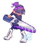  1boy boots commentary commission english_commentary goggles head-mounted_display high_ponytail holding holding_weapon octoling_boy octoling_player_character purple_hair simple_background smile solo splatana_stamper_(splatoon) splatoon_(series) splatoon_3 standing teeth tentacle_hair tokkibada weapon white_background white_footwear 