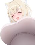  1girl :d absurdres animal_ear_fluff animal_ears backlighting bandaid bandaid_hair_ornament blonde_hair blush breasts closed_eyes dog_ears dog_girl fangs fuwawa_abyssgard hair_ornament hairclip highres hololive hololive_english large_breasts multicolored_hair open_mouth pov prab shirt simple_background skin_fangs smile solo streaked_hair white_background white_shirt 
