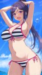  1girl armpits arms_up ass_visible_through_thighs bare_shoulders beach bikini blue_hair blue_sky blush breasts cleavage cloud collarbone commentary_request day front-tie_bikini_top front-tie_top hands_on_own_head high_ponytail highres horizon large_breasts long_hair looking_at_viewer love_live! love_live!_sunshine!! matsuura_kanan mobukichi navel ocean open_mouth outdoors ponytail presenting_armpit purple_eyes side-tie_bikini_bottom sidelocks sky smile solo stomach string_bikini striped_bikini striped_clothes swimsuit teeth thigh_gap thighs tongue upper_body upper_teeth_only water wet 