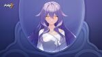  1girl copyright_name crosshair_pupils hair_between_eyes highres honkai_(series) honkai_impact_3rd hospital_gown logo long_hair looking_at_mirror mirror official_art purple_hair reflection sad second-party_source sirin solo symbol-shaped_pupils yellow_eyes 